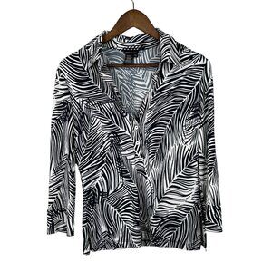 BCBGMAXAZRIA Black White Palm Leaf 3/4 Sleeve Wrap Blouse‎ M